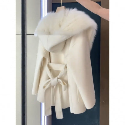 Stitching Fur Woolen Coat For Women