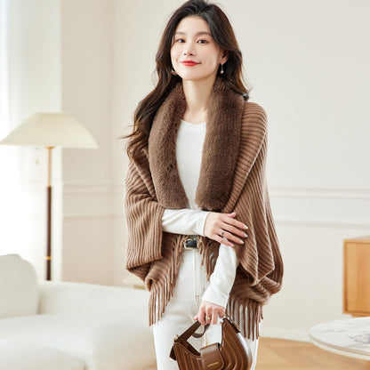 Women's Loose Tassel Fashion Shawl Jacket With Fur Collar-GlamzLife