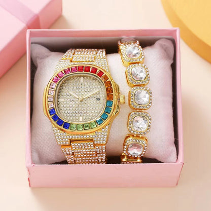 Full Diamond Inlaid Color Diamond Steel Belt Square Belt Calendar Quartz Wrist Watch | GlamzLife