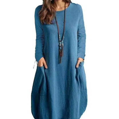 Women's Autumn Cotton And Linen Loose Casual Solid Color Long-sleeved Dress | GlamzLife