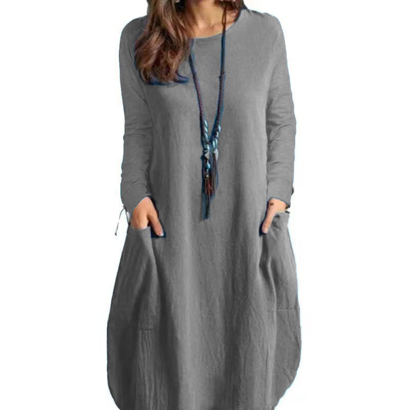 Women's Autumn Cotton And Linen Loose Casual Solid Color Long-sleeved Dress | GlamzLife