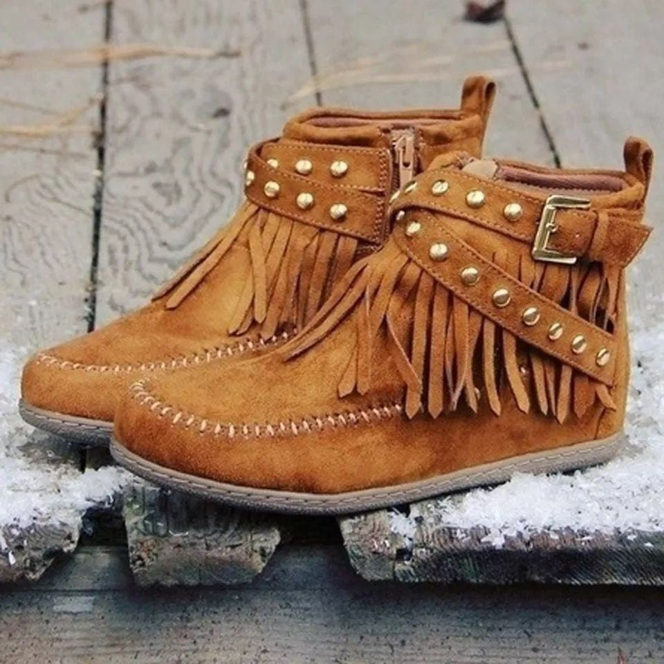 Retro Ankle Boots With Rivet Tassel Flat Shoes Women Winter Boots | GlamzLife