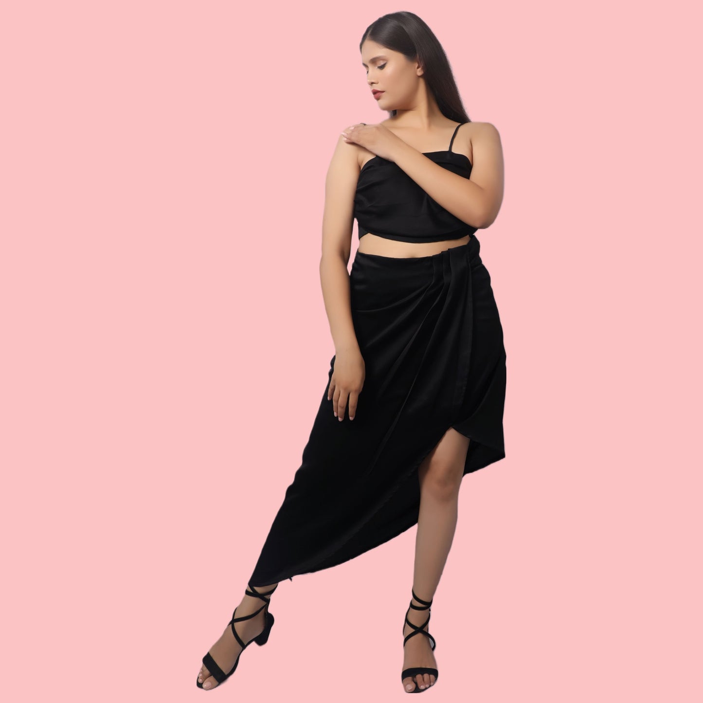Asymmetrical Draping Skirt With Cowl Neck Crop Top GlamzLife
