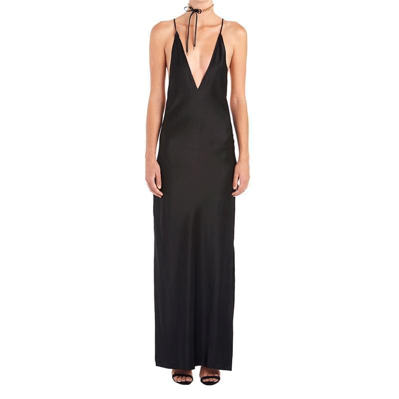 Backless Halter Solid Color Side Slit Dress | Black | GlamzLife