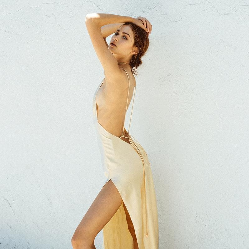 Backless Halter Solid Color Side Slit Dress | Beige | GlamzLife
