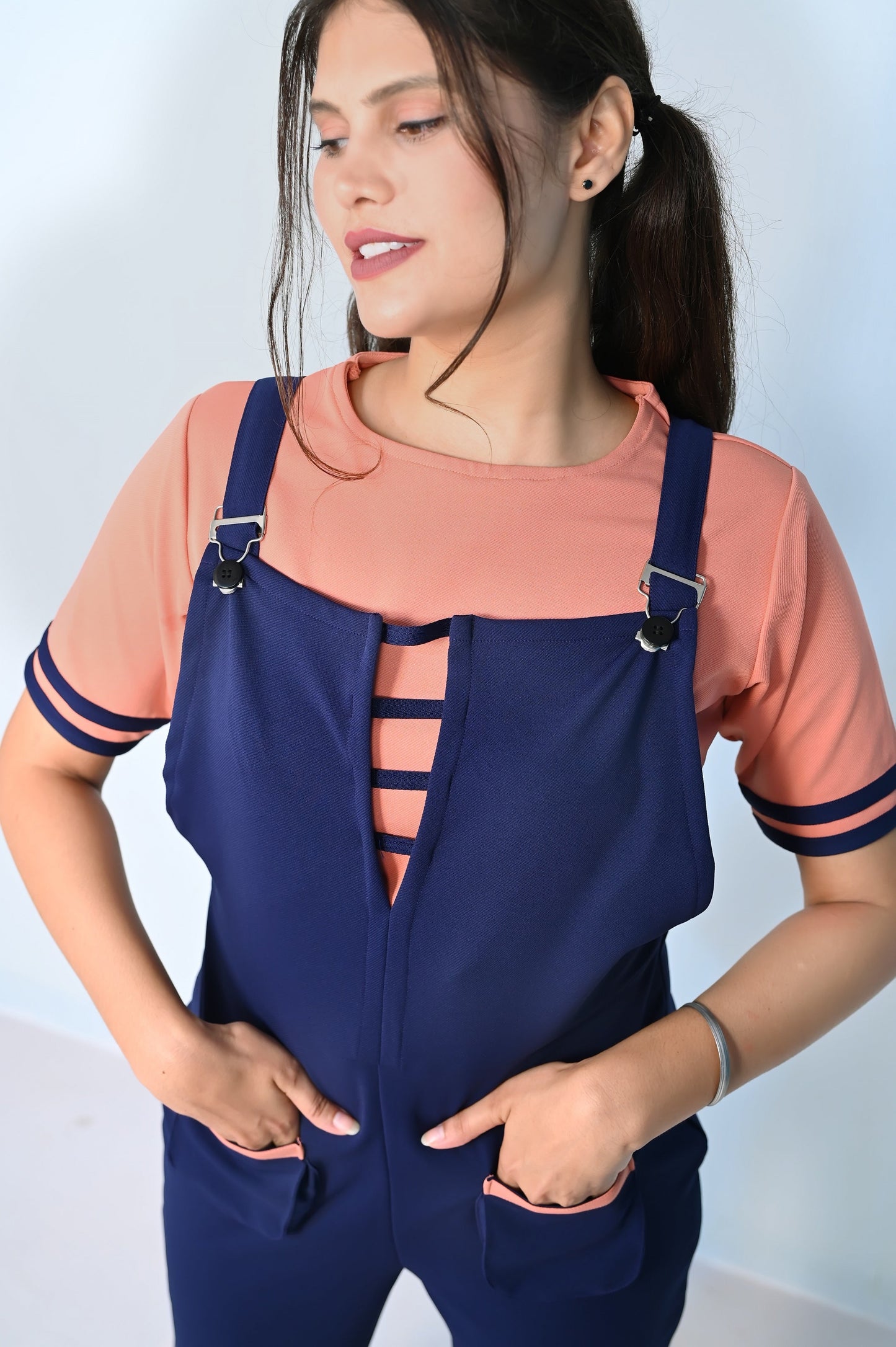 Classic Round Neck Tee Paired With Luxurious Dungaree | GlamzLife