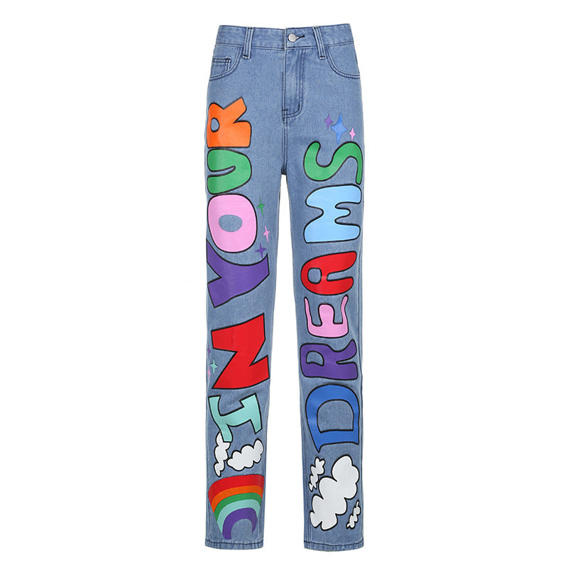 Contrast Color Letters Graffiti Printed Loose Jeans | Blue | GlamzLife