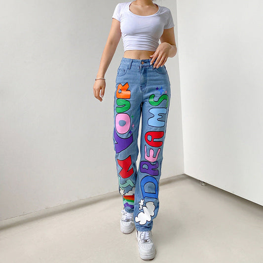 Contrast Color Letters Graffiti Printed Loose Jeans | | GlamzLife