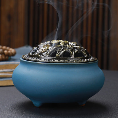 Copper Lid Ceramic Buddha with Antique Alloy Wire Incense Burner GlamzLife
