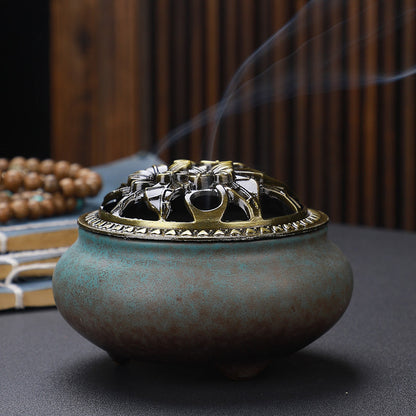 Copper Lid Ceramic Buddha with Antique Alloy Wire Incense Burner | GlamzLife