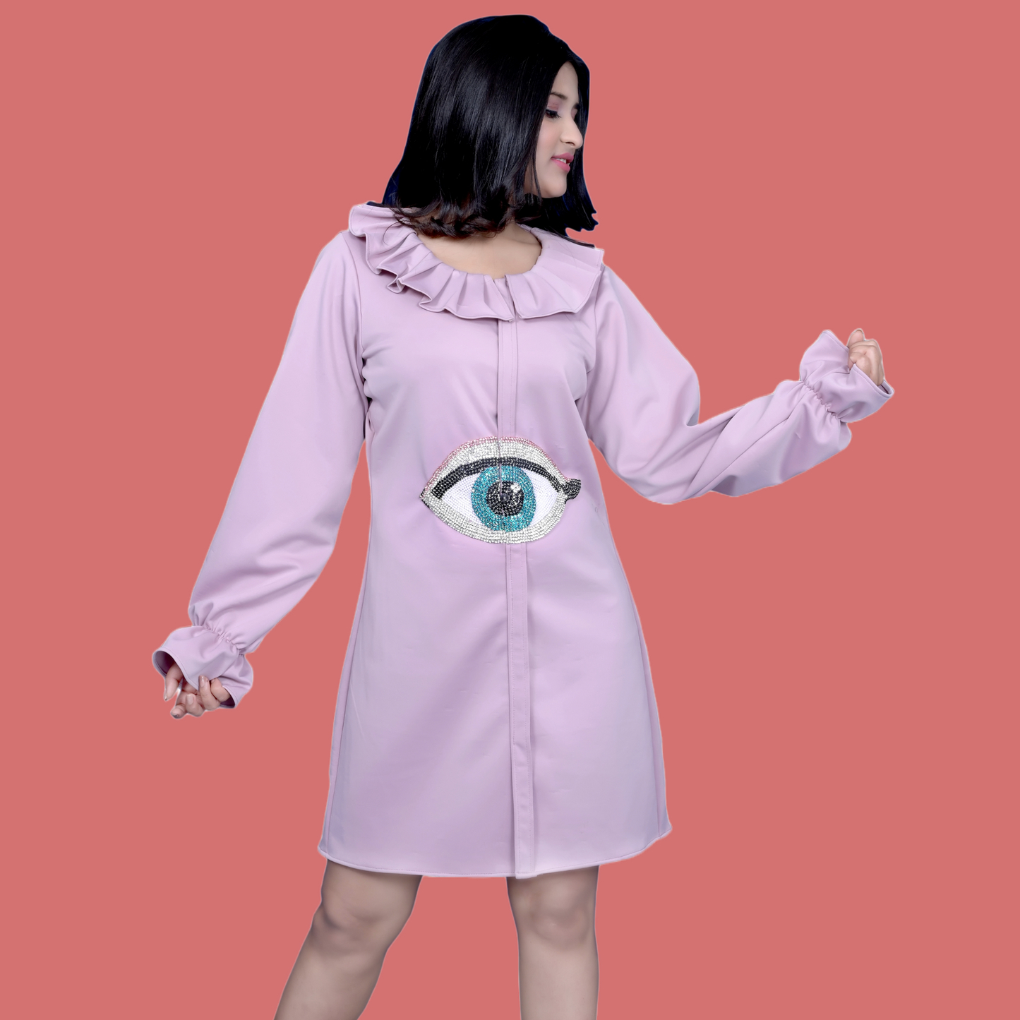 Evil Eye Diamond Work One Piece Dress | Carnation Pink | GlamzLife