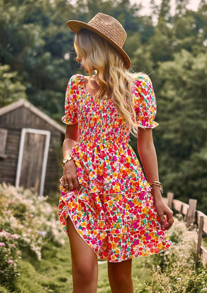 Floral Ruffle Short Sleeve Off Shoulder Mini Dress | GlamzLife