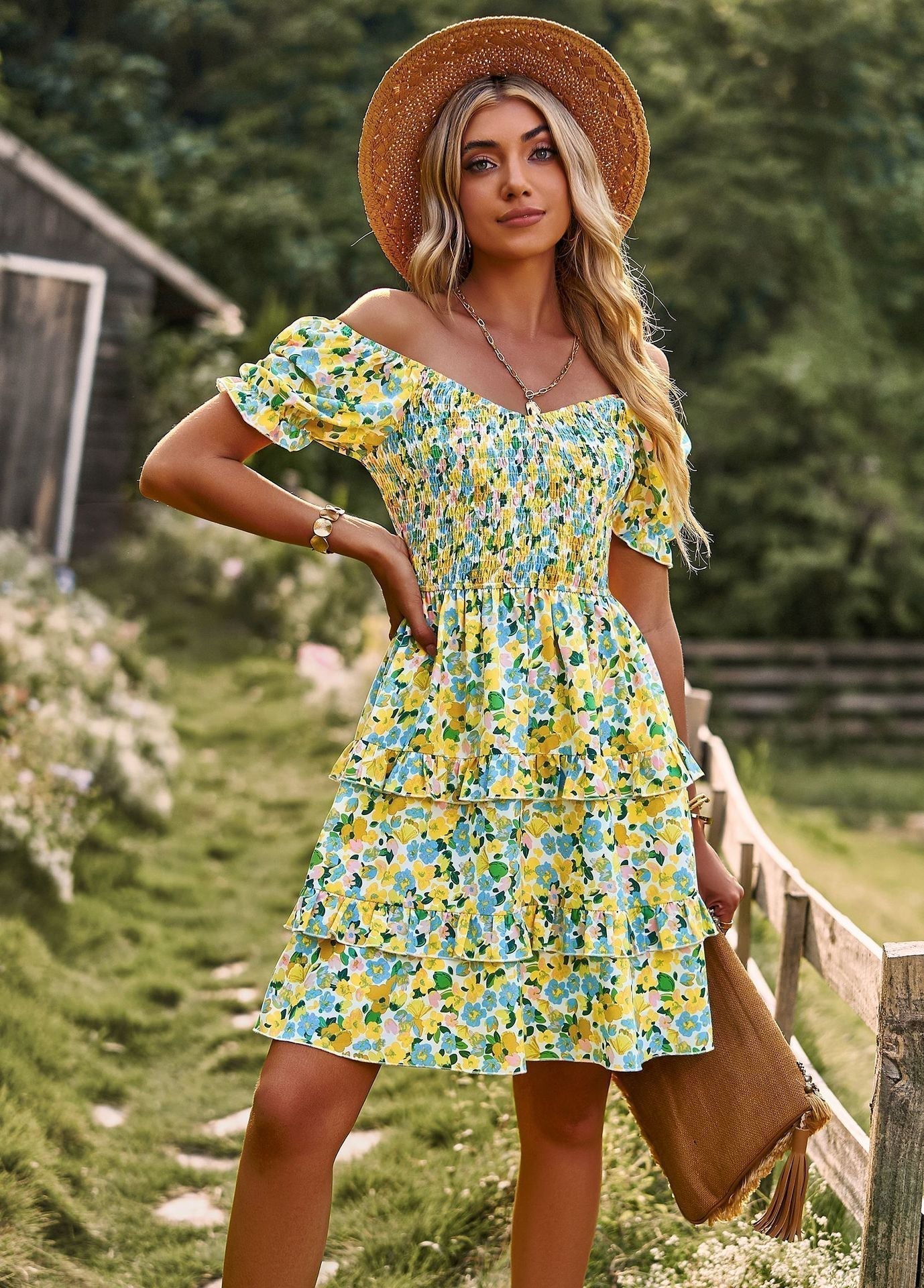 Floral Ruffle Short Sleeve Off Shoulder Mini Dress | GlamzLife