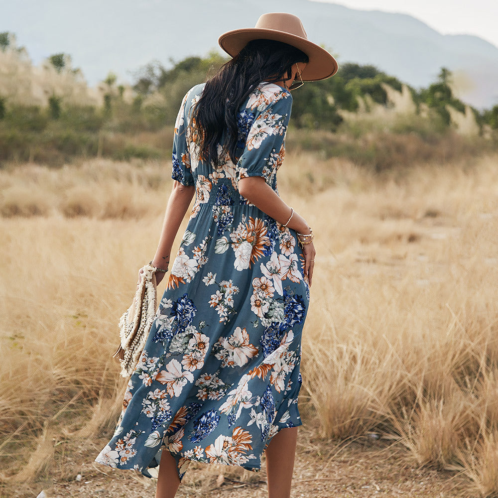 Floral V-Neck Front Slit Maxi Dress | GlamzLife