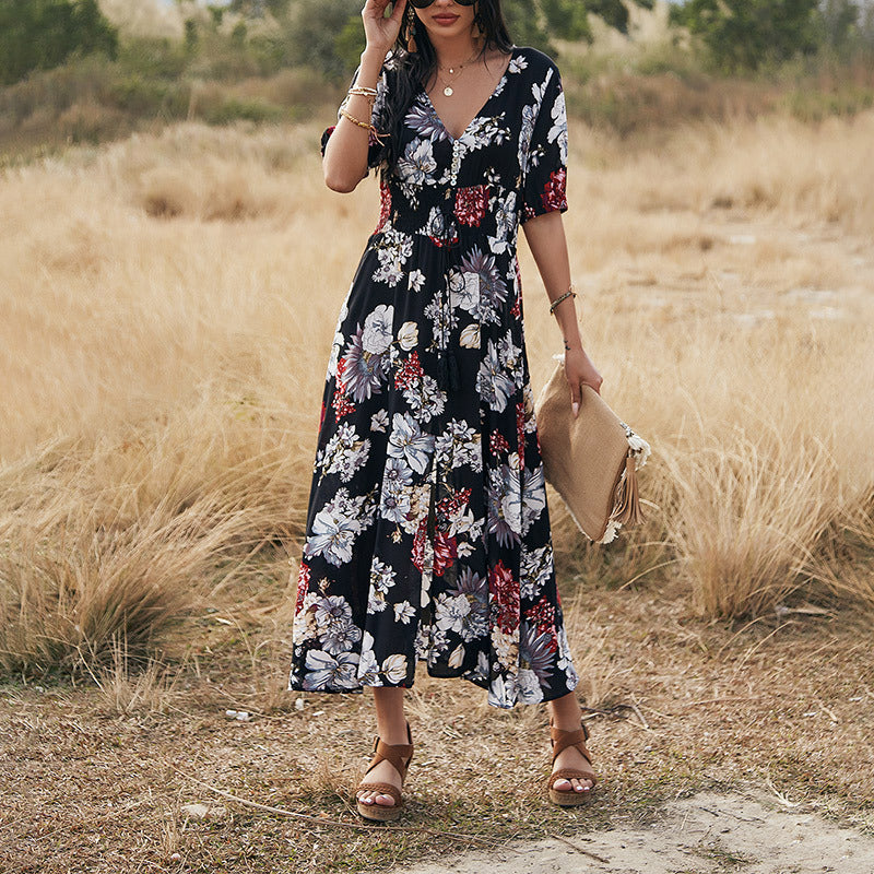 Floral V-Neck Front Slit Maxi Dress | GlamzLife