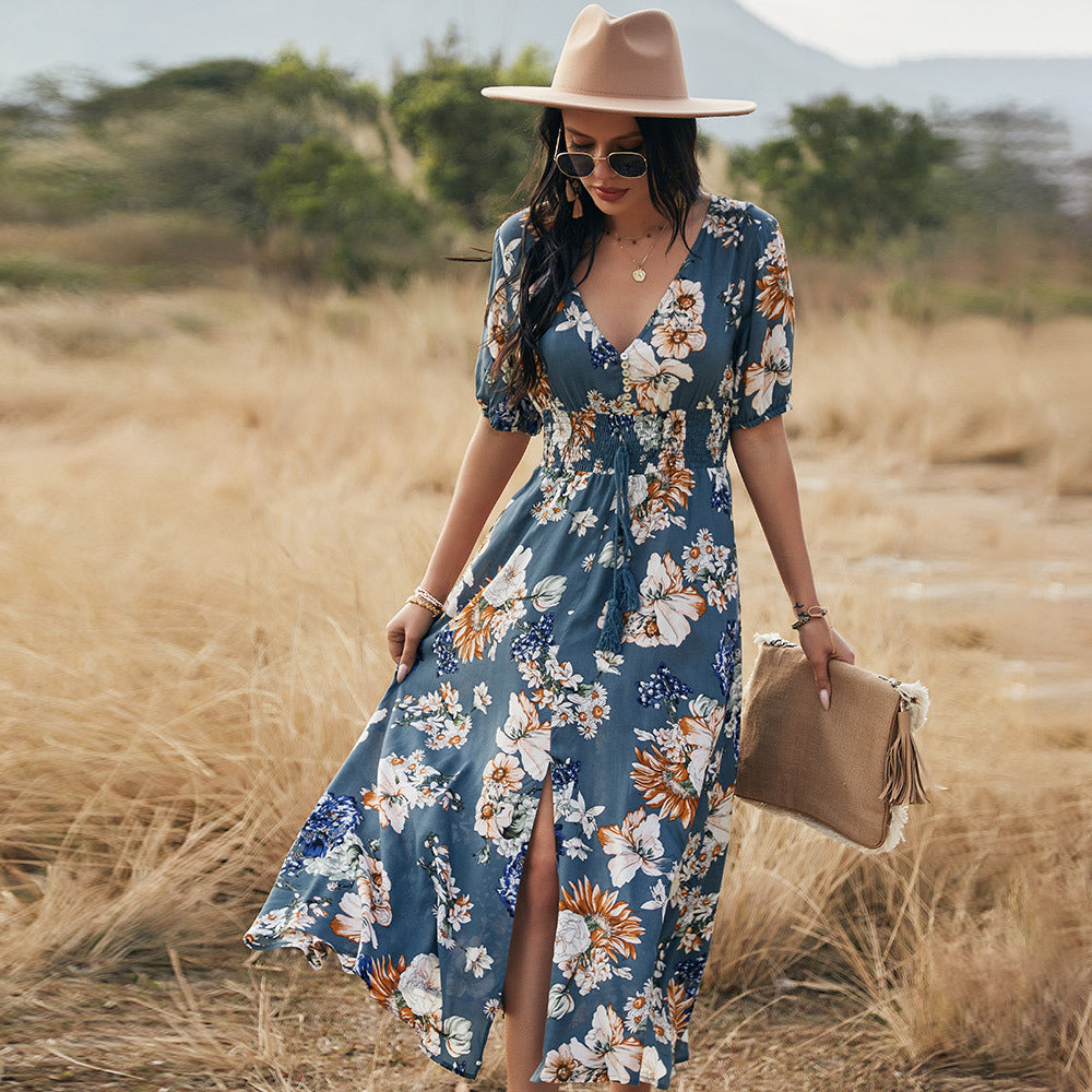 Floral V-Neck Front Slit Maxi Dress | GlamzLife