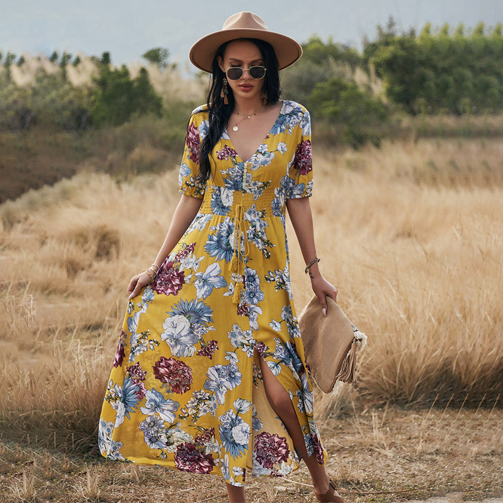 Floral V-Neck Front Slit Maxi Dress | GlamzLife