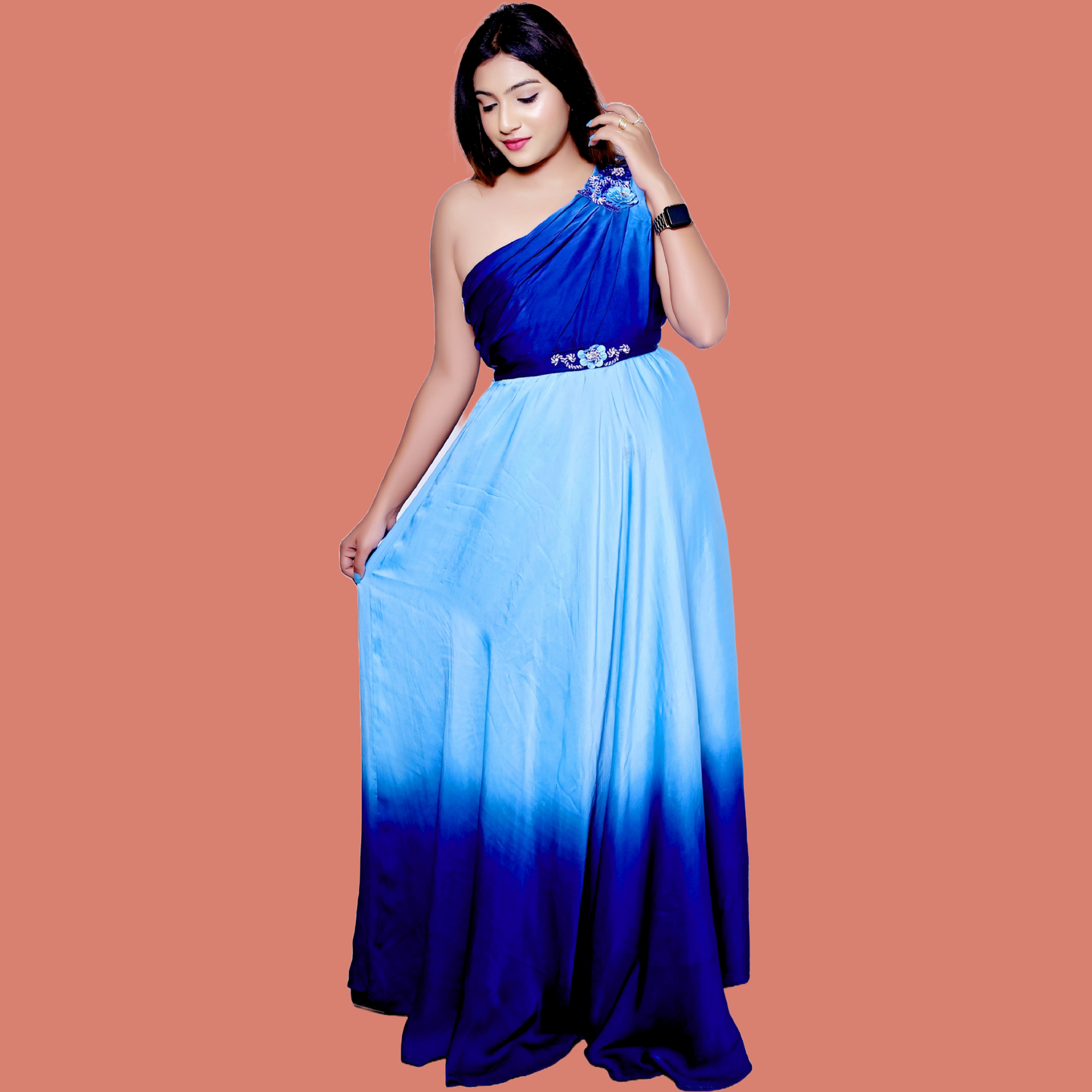 Flow Dye Gown with Drape and Handwork | Blue Flow Dye | GlamzLife