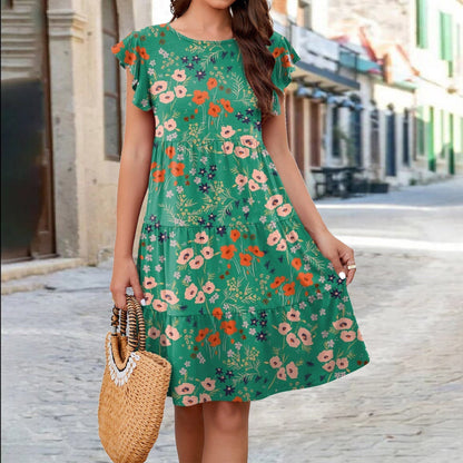 Flower Print Ruffle Sleeve Mid Skirt Dress GlamzLife