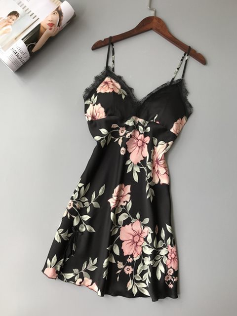 Flower Printed Silk Satin Short Dress | Black | GlamzLife