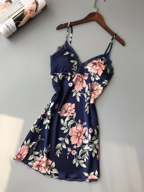 Flower Printed Silk Satin Short Dress | Blue | GlamzLife