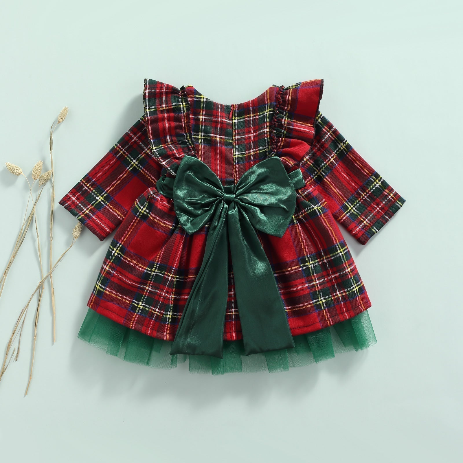 Girl's Kids Red Checkered Bow Christmas Print Dress GlamzLife