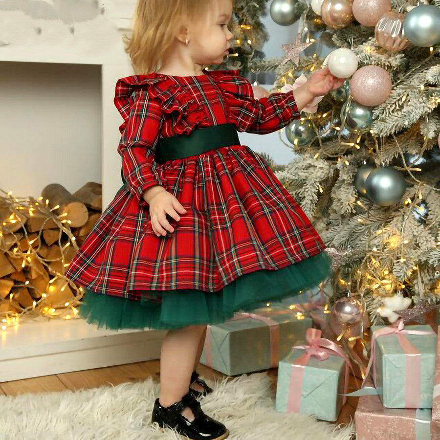 Girl's Kids Red Checkered Bow Christmas Print Dress GlamzLife