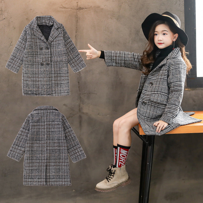 Grey Plaid Hound Stooth Coat For Girl's | GlamzLife