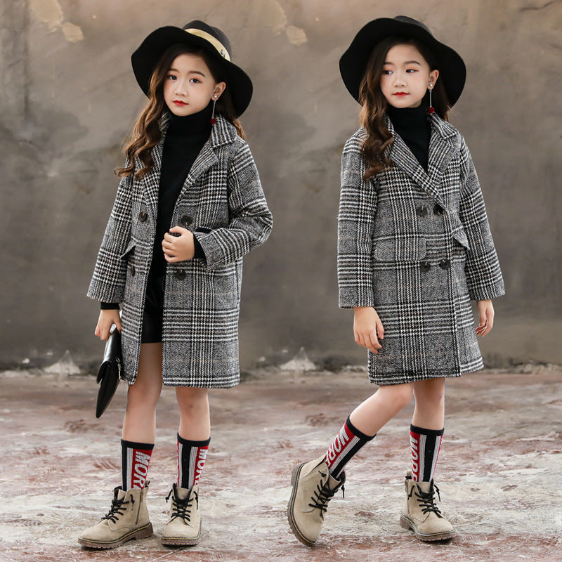 Grey Plaid Hound Stooth Coat For Girl's | GlamzLife