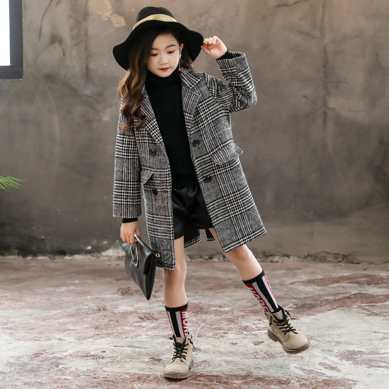 Grey Plaid Hound Stooth Coat For Girl's | GlamzLife