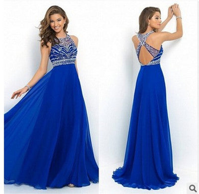 Halterneck Solid Color Long Maxi Dress | Blue | GlamzLife