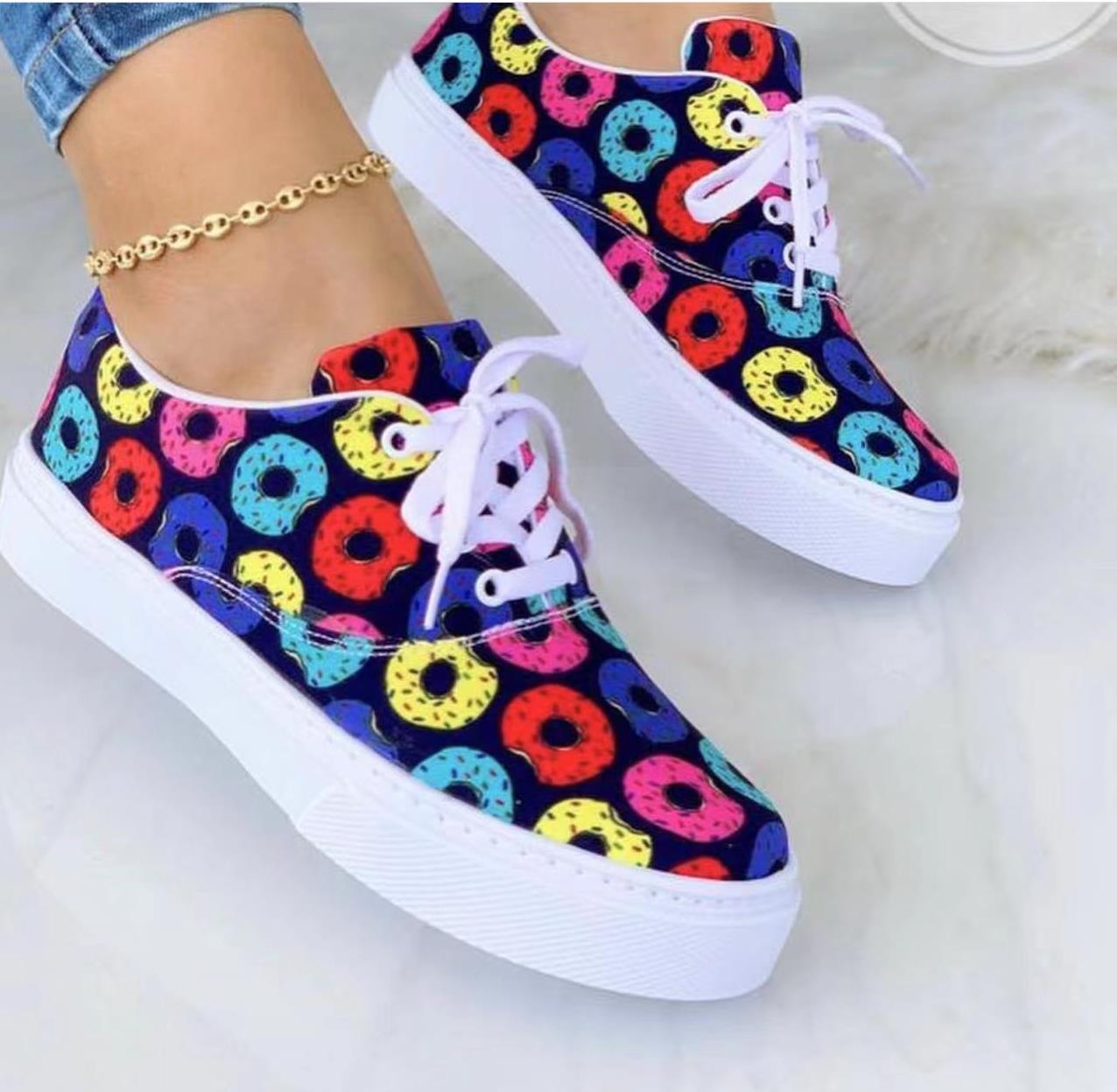 Lace-up Flats Shoes Print Canvas Fashion Walking Sneakers Women | GlamzLife