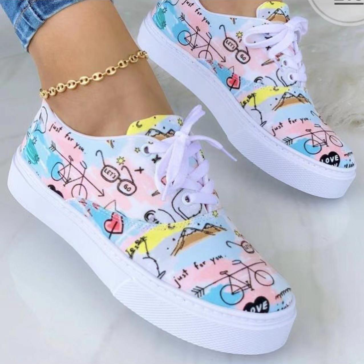 Lace-up Flats Shoes Print Canvas Fashion Walking Sneakers Women | GlamzLife