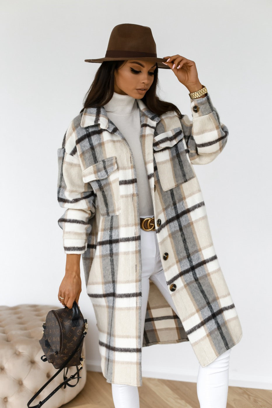 Lapel Casual Warm Plaid Long Woolen Coat | Grey | GlamzLife