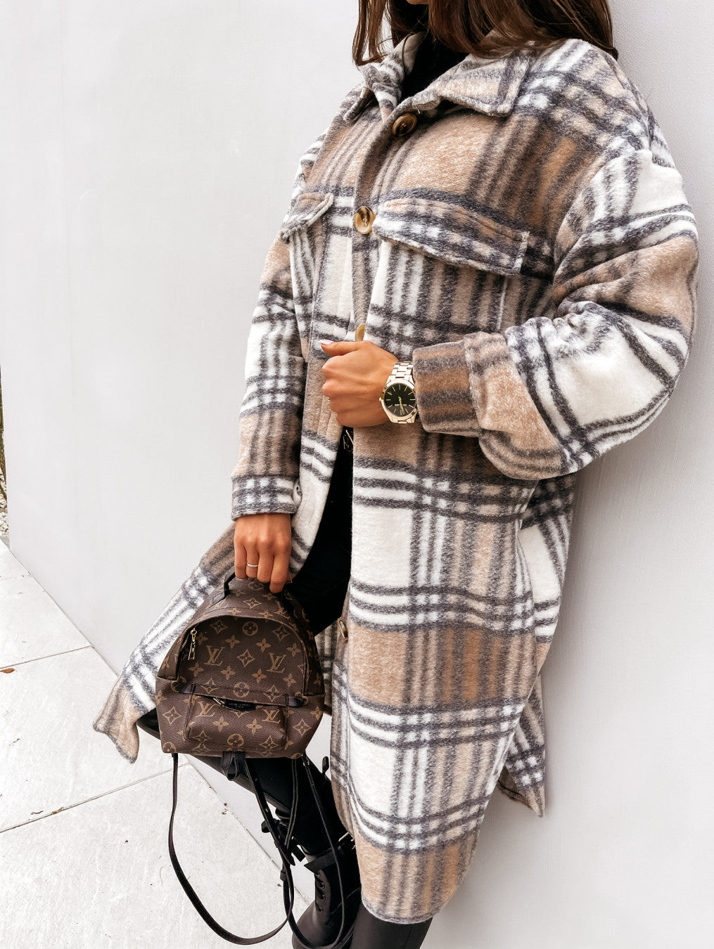 Lapel Casual Warm Plaid Long Woolen Coat | Khaki | GlamzLife