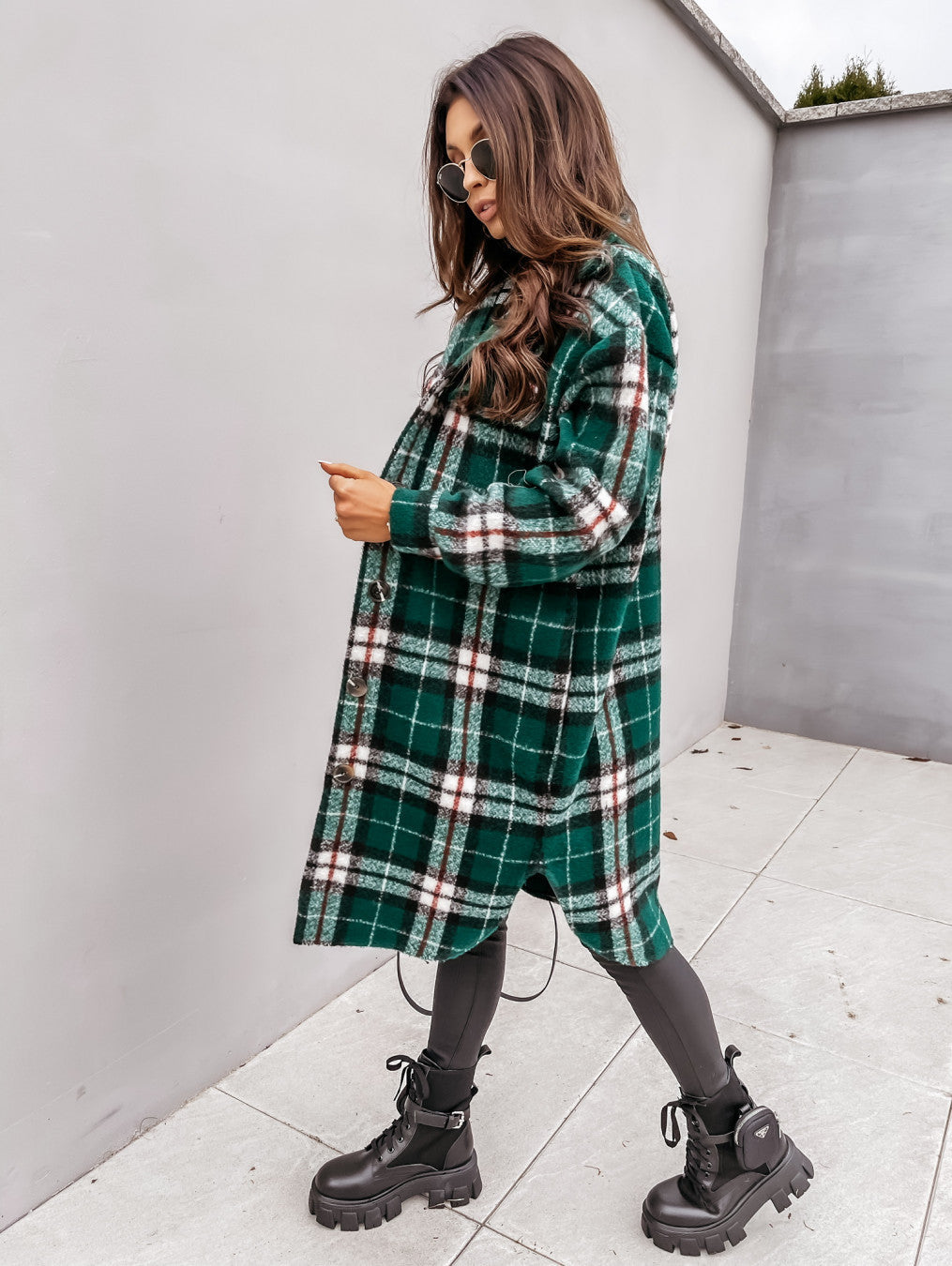 Lapel Casual Warm Plaid Long Woolen Coat | Green | GlamzLife