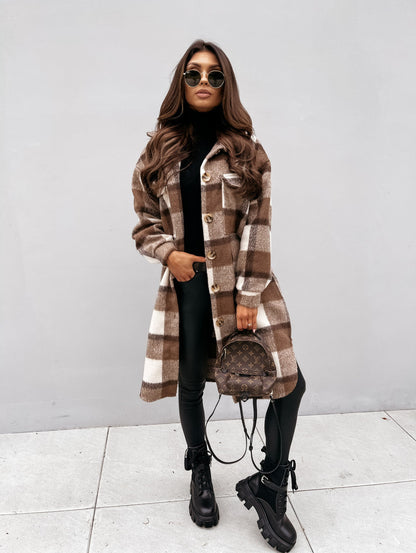 Lapel Casual Warm Plaid Long Woolen Coat | Coffee | GlamzLife