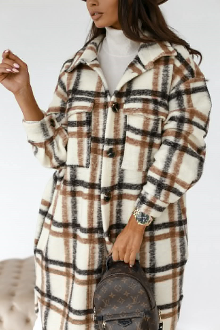 Lapel Casual Warm Plaid Long Woolen Coat | Brown | GlamzLife