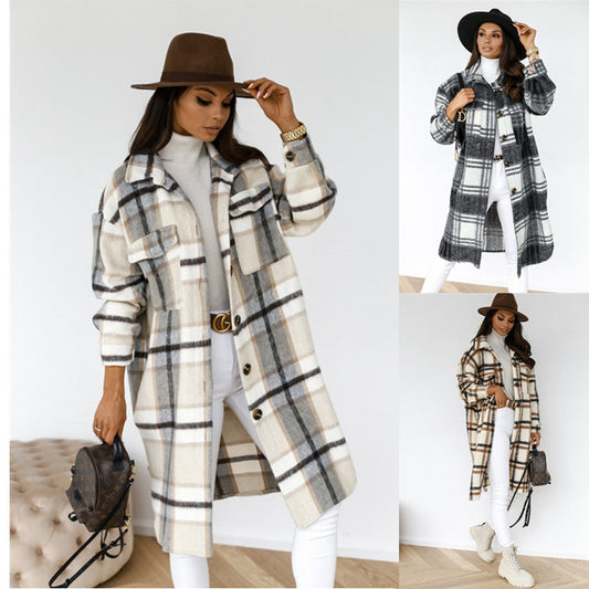 Lapel Casual Warm Plaid Long Woolen Coat | | GlamzLife