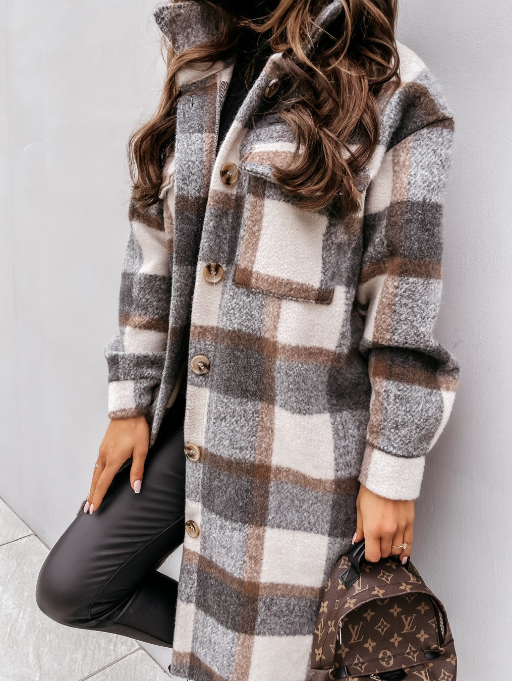Lapel Casual Warm Plaid Long Woolen Coat | GreyA | GlamzLife