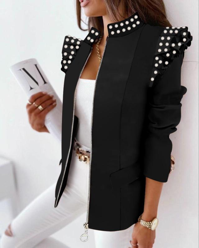 Leopard Print Zip Ruffle Shoulder Jacket | GlamzLife