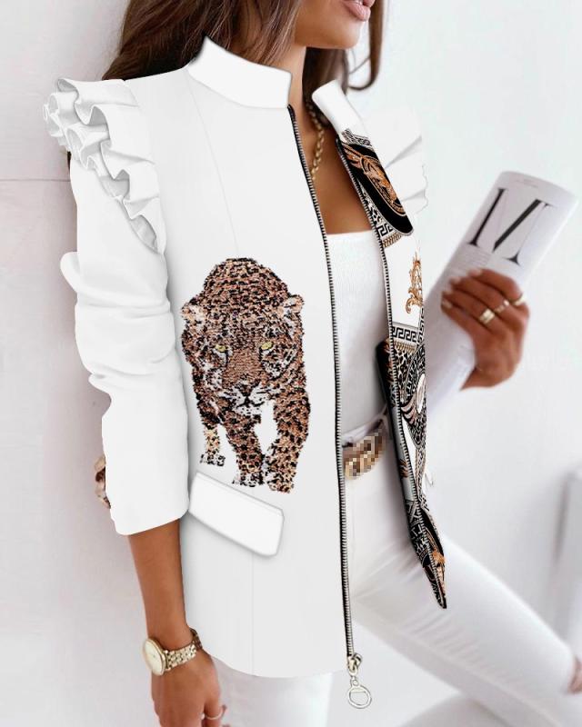 Leopard Print Zip Ruffle Shoulder Jacket GlamzLife