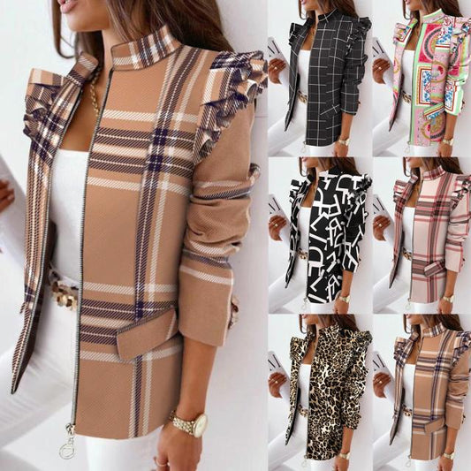 Leopard Print Zip Ruffle Shoulder Jacket | GlamzLife