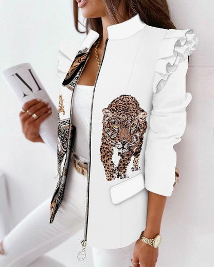 Leopard Print Zip Ruffle Shoulder Jacket | GlamzLife