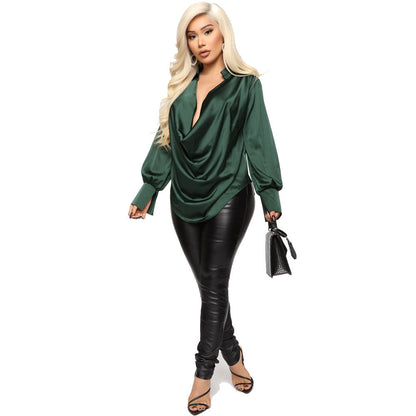 Long-sleeved Deep V-neck Satin All-match Top | GlamzLife