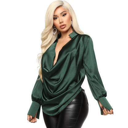 Long-sleeved Deep V-neck Satin All-match Top | GlamzLife