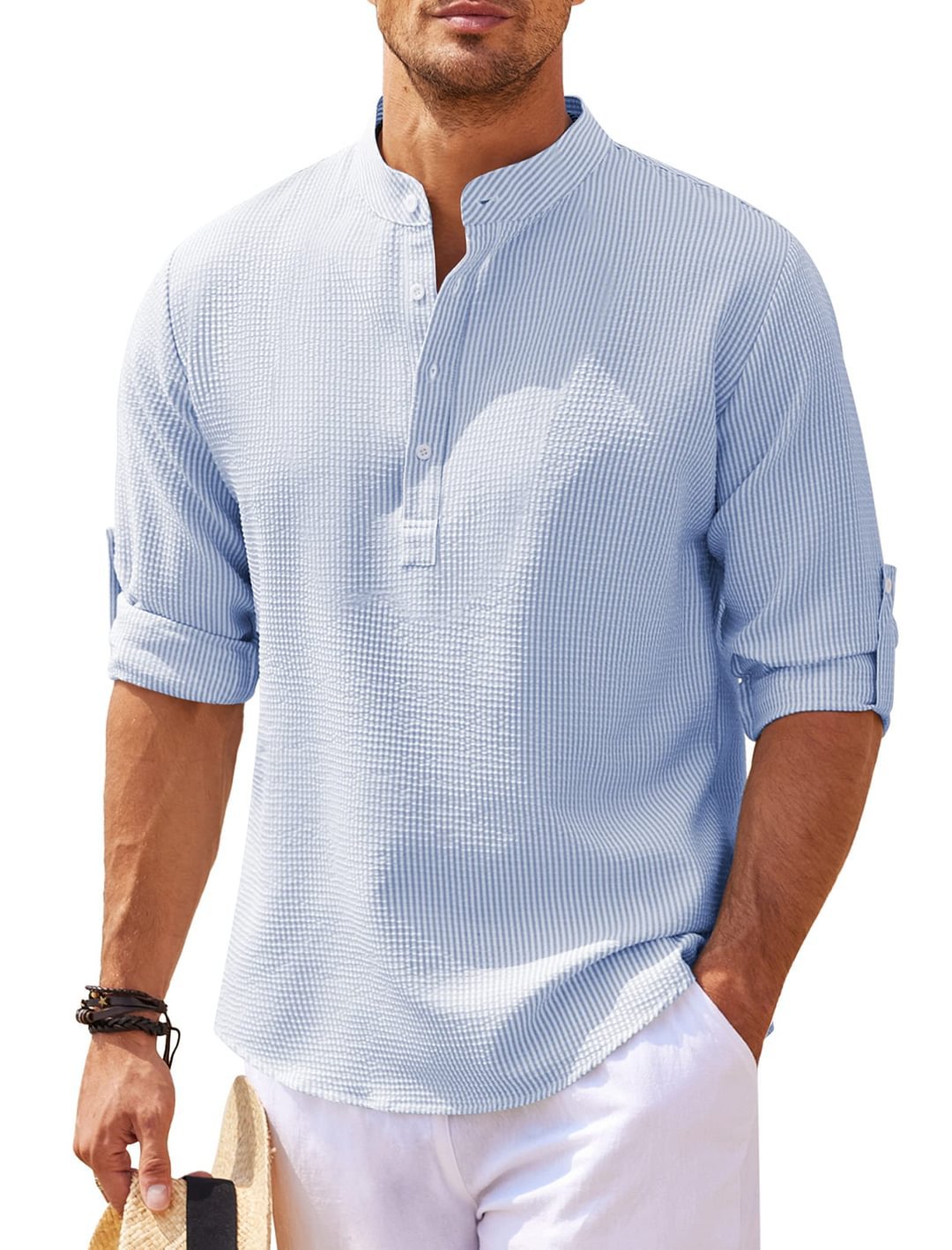 Men's Long Sleeve Stand Collar Solid Color Shirt | GlamzLife