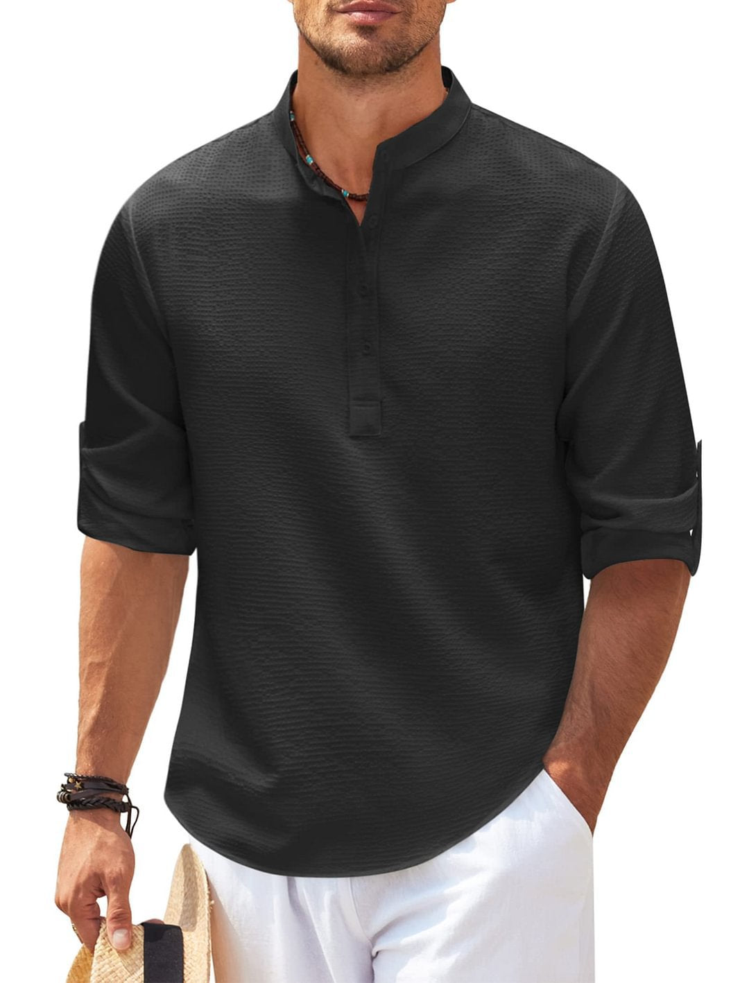 Men's Long Sleeve Stand Collar Solid Color Shirt GlamzLife