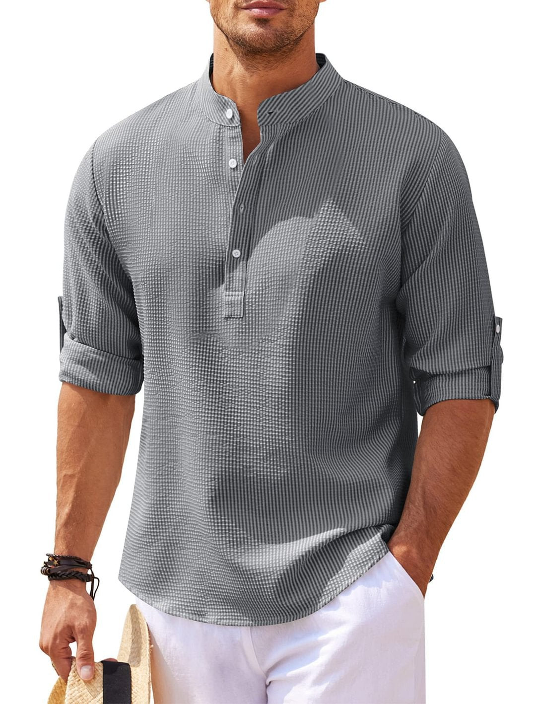 Men's Long Sleeve Stand Collar Solid Color Shirt | GlamzLife