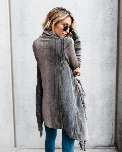 Mid Length Slim Fringe Striped Sweater Coat | | GlamzLife